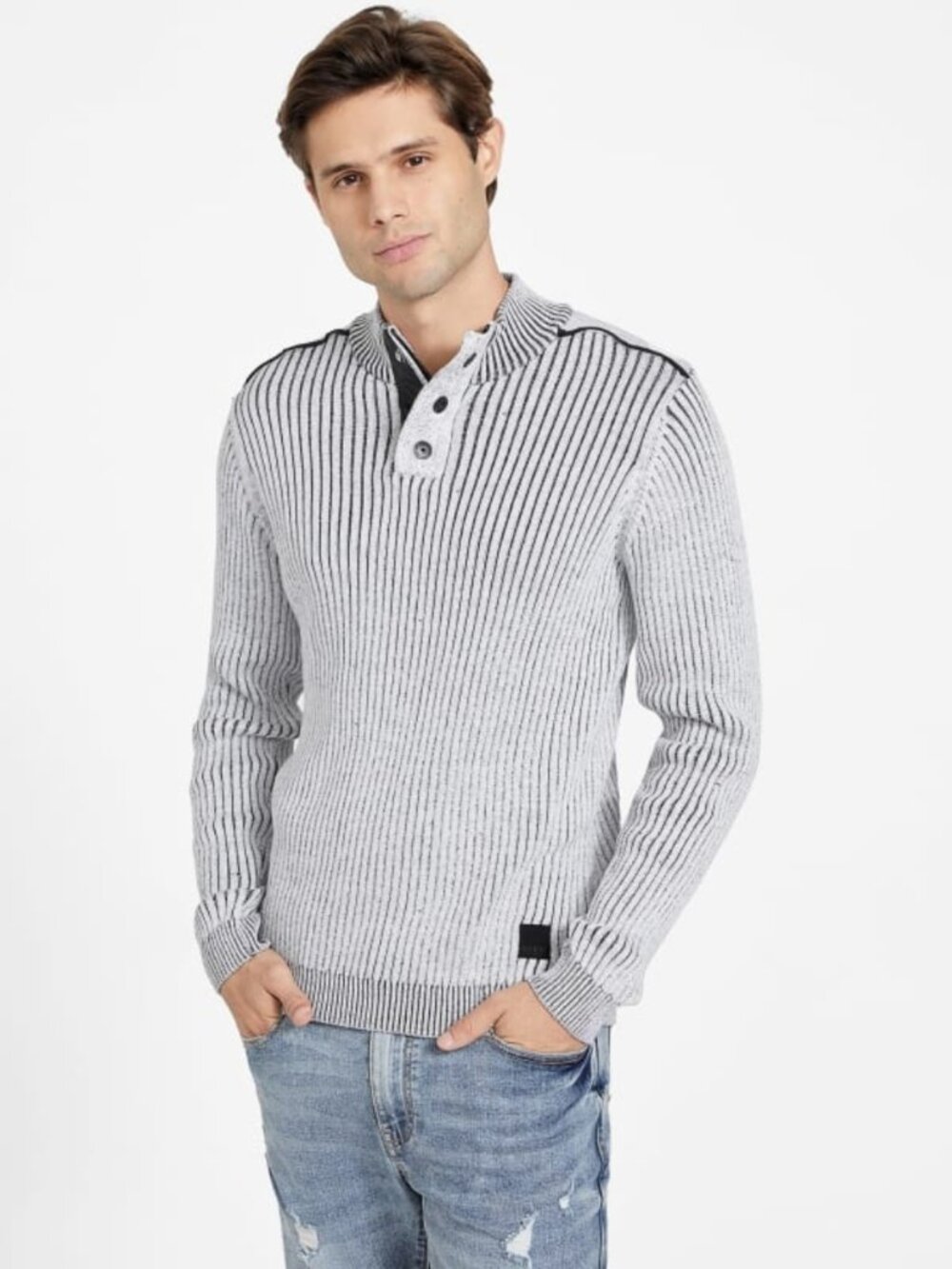 Guess Kwan Rib-Knit Ribbed Mock Neck Button Up Sweater